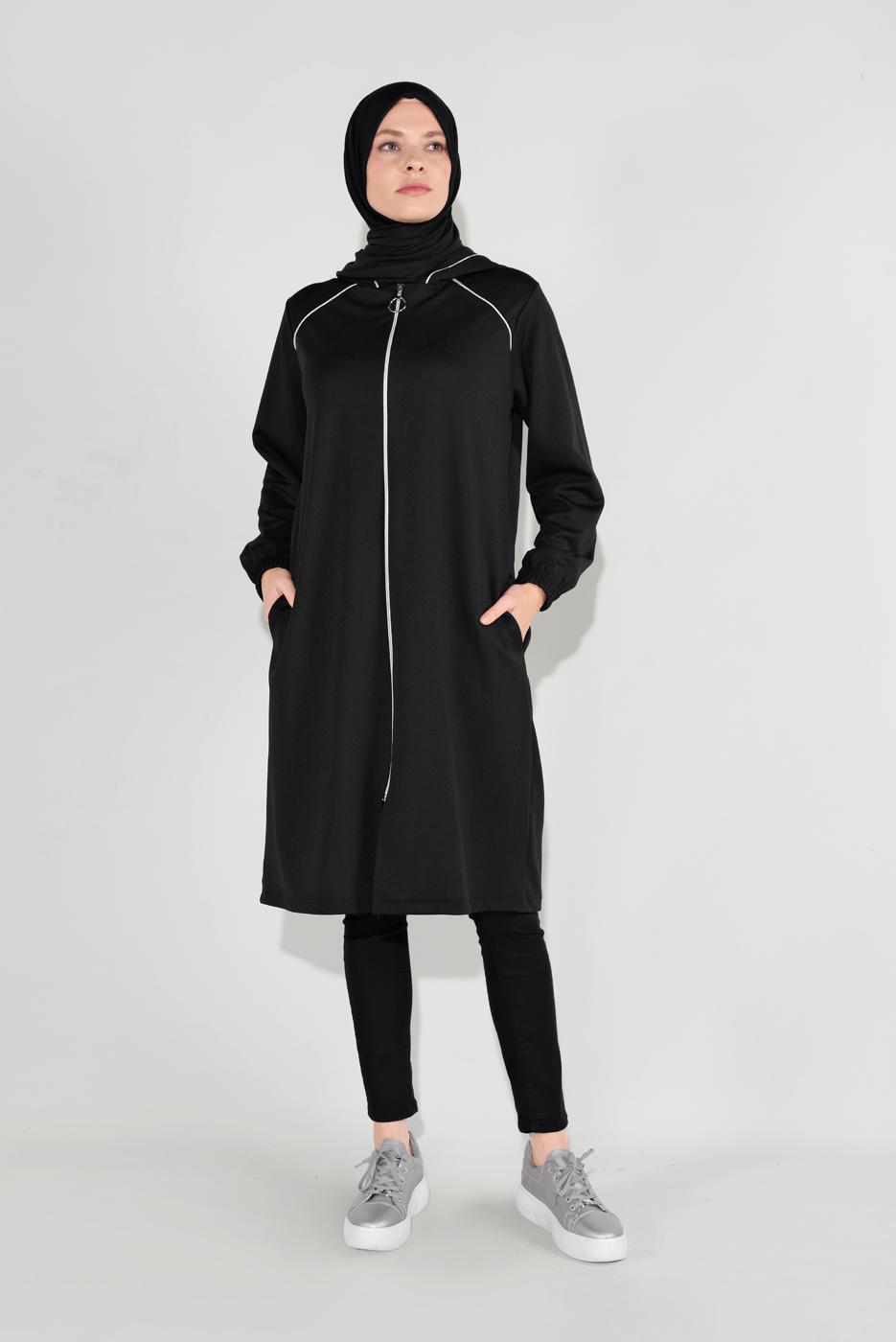 Hijab clothing BLACK ZIPPED HOODED JACKET 6036