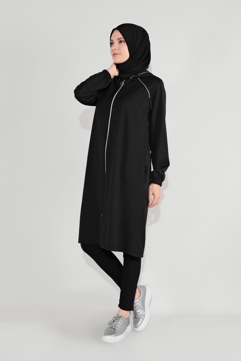 Hijab clothing BLACK ZIPPED HOODED JACKET 6036