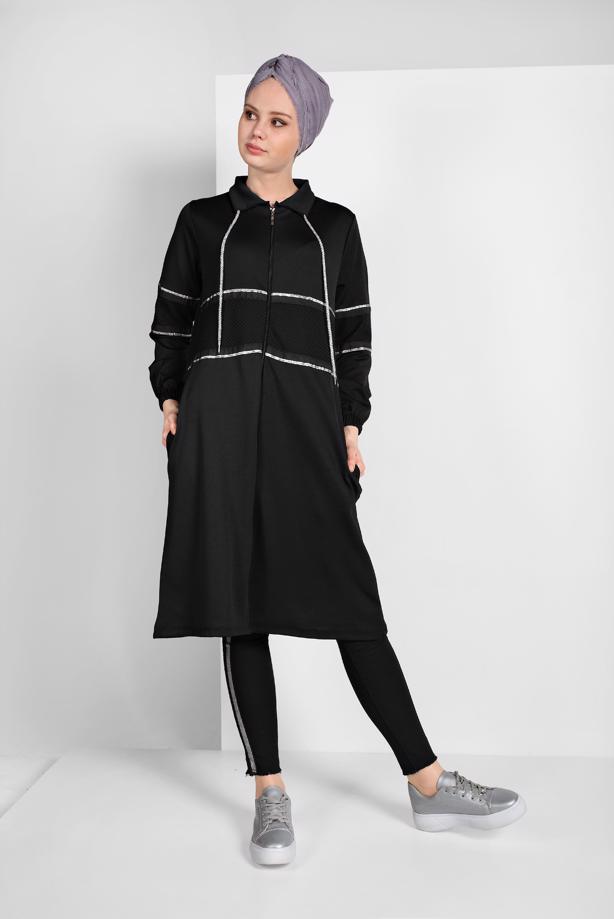 Tesettür giyim SİYAH FİLE DETAYLI ÇİZGİLİ EŞOFMAN CEKET 6206 - TRENDTESETTÜR