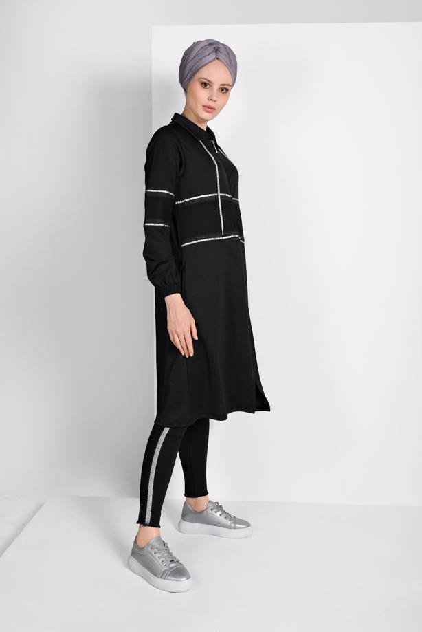 Tesettür giyim SİYAH FİLE DETAYLI ÇİZGİLİ EŞOFMAN CEKET 6206 - TRENDTESETTÜR