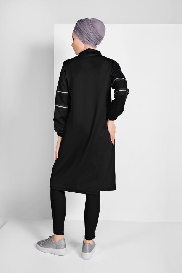 Tesettür giyim SİYAH FİLE DETAYLI ÇİZGİLİ EŞOFMAN CEKET 6206 - TRENDTESETTÜR