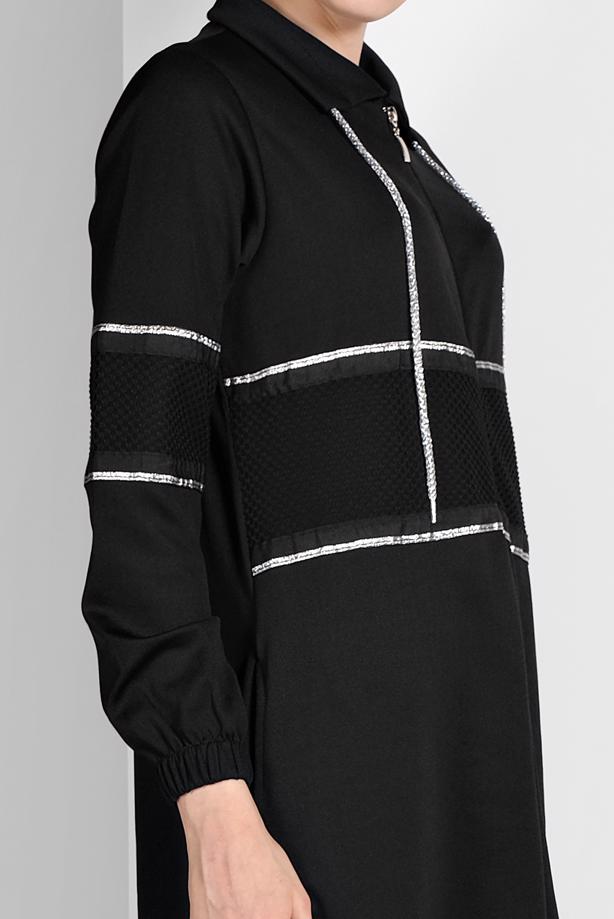 Tesettür giyim SİYAH FİLE DETAYLI ÇİZGİLİ EŞOFMAN CEKET 6206 - TRENDTESETTÜR