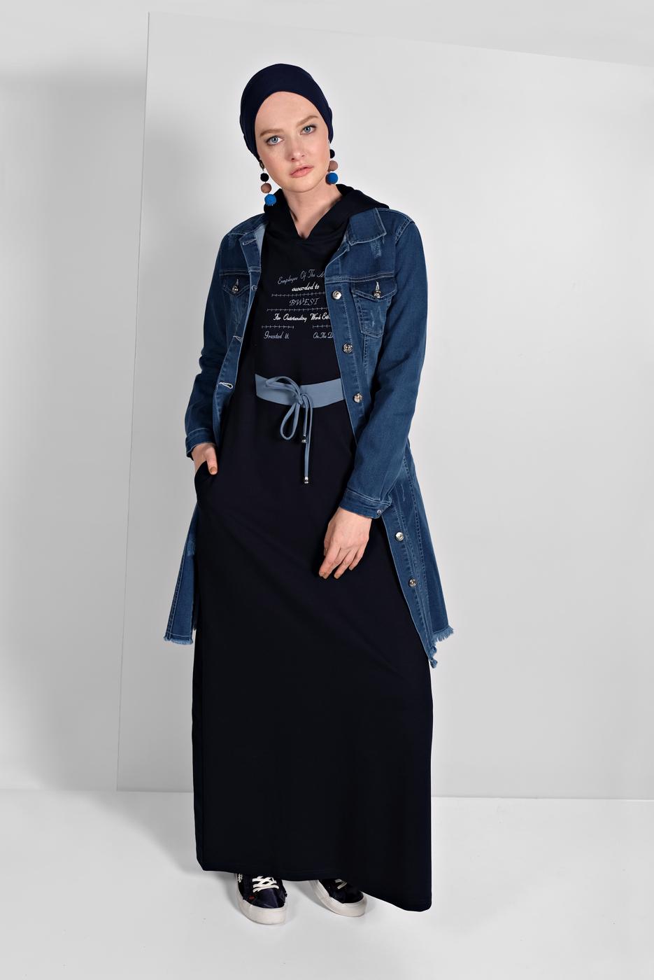 Hijab clothing NAVY BLUE FRINGED-HEM DENIM JACKET 6460 