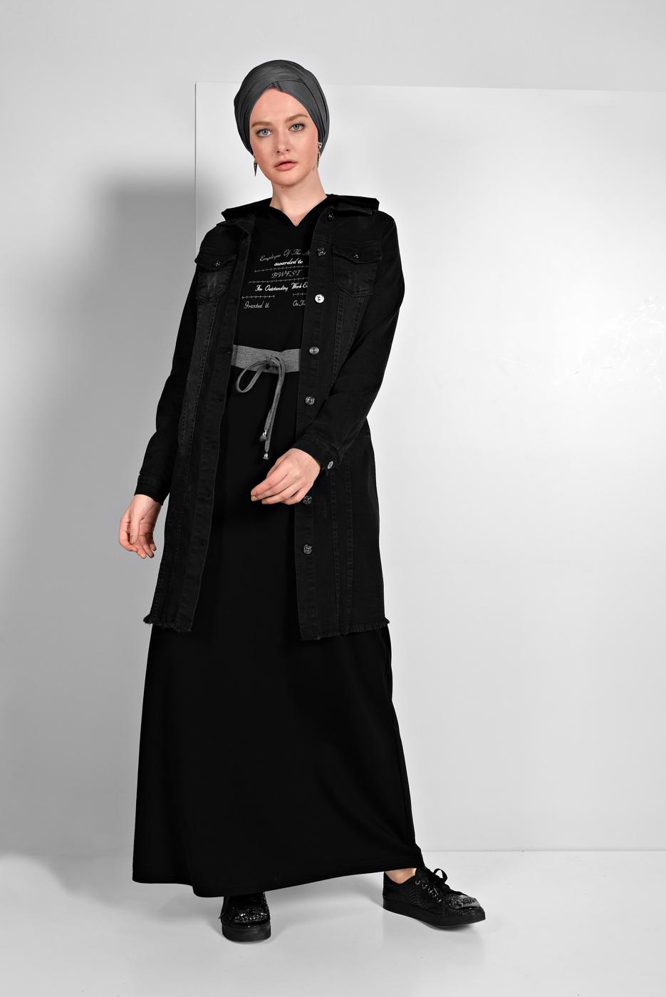 Hijab clothing BLACK FRINGED-HEM DENIM JACKET 8160