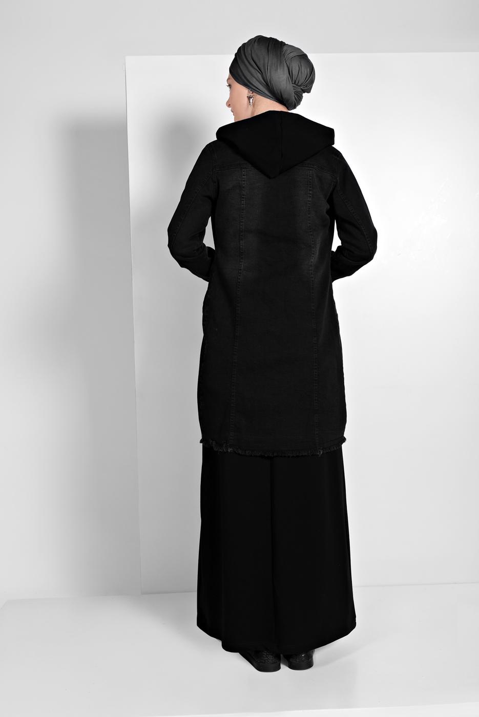 Hijab clothing BLACK FRINGED-HEM DENIM JACKET 8160