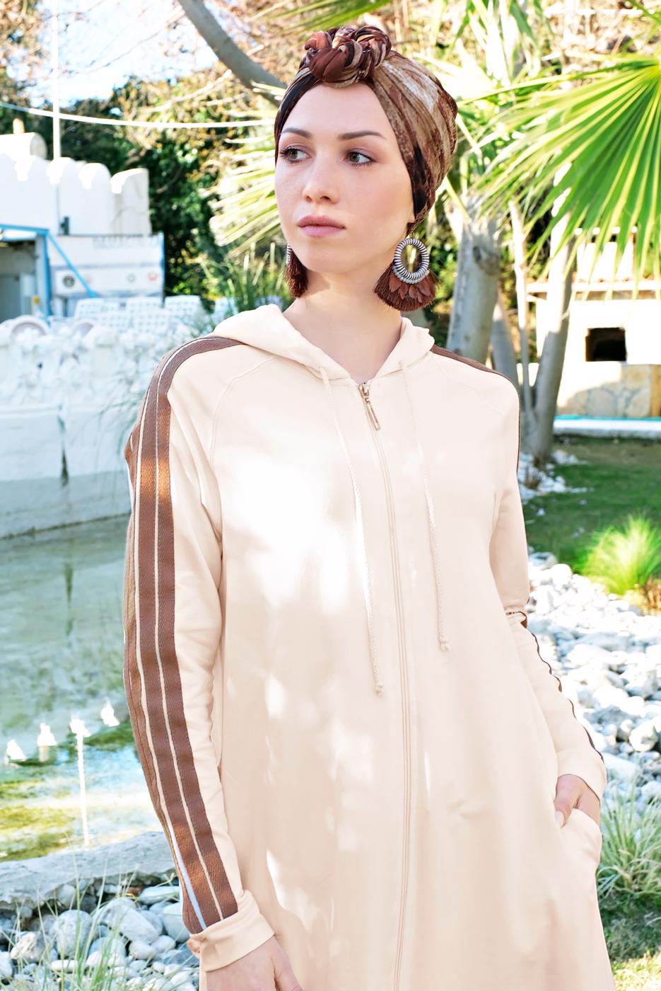 Vêtements hijab CRÈME SURVÊTEMENT RAYÉ À CAPUCHE 9419