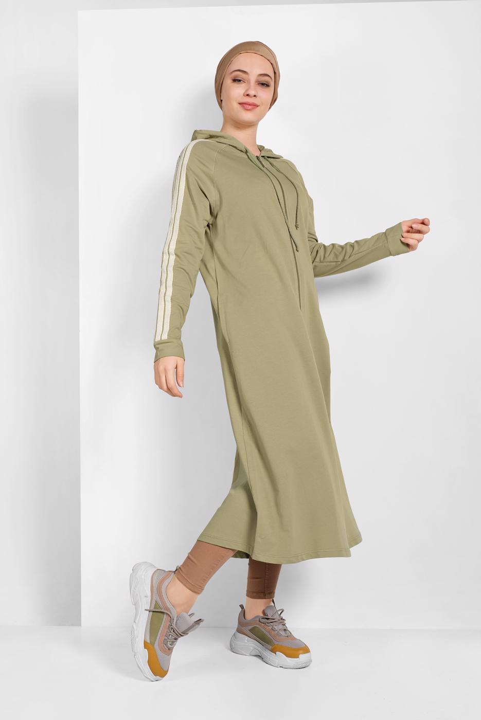 Tesettür giyim YEŞİL ŞERİT DETAYLI KAPÜŞONLU EŞOFMAN CEKET 9419