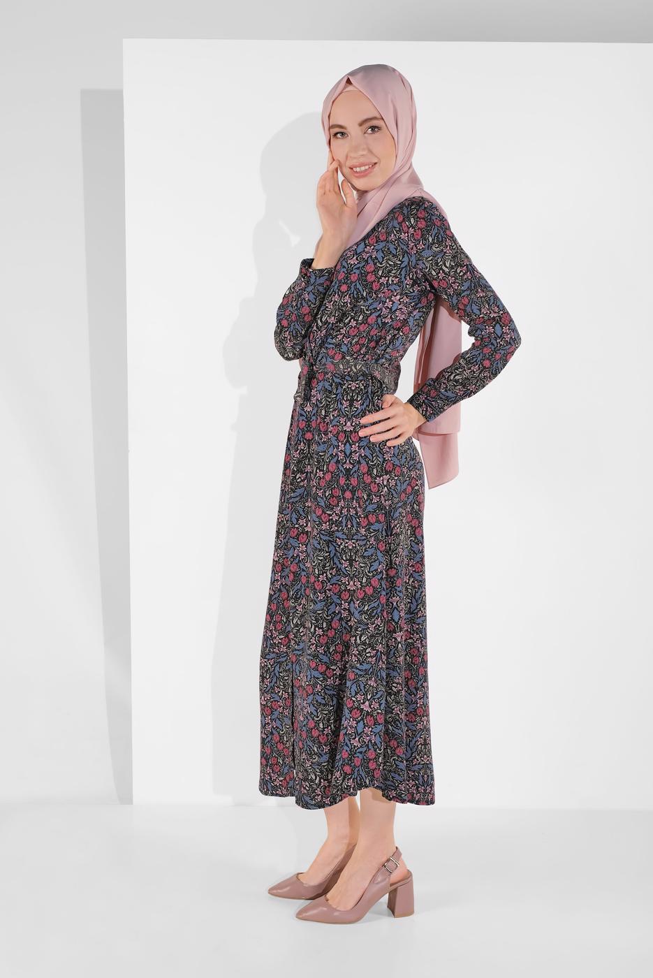 Hijab clothing NAVY BLUE FLORAL PATTERNED DRESS 9744-1 