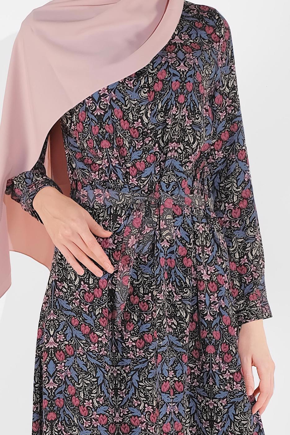 Tesettür giyim LACİVERT ÇİÇEK DESENLİ ELBİSE 9744-1