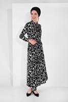 Tesettür giyim SİYAH BOYDAN DÜĞMELİ BELİ KUŞAKLI ELBİSE 9744-2