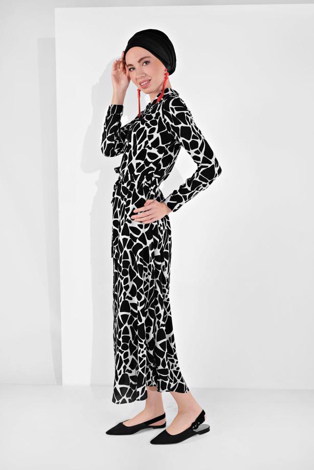 Tesettür giyim  BOYDAN DÜĞMELİ BELİ KUŞAKLI ELBİSE 9744-2  - TRENDTESETTÜR