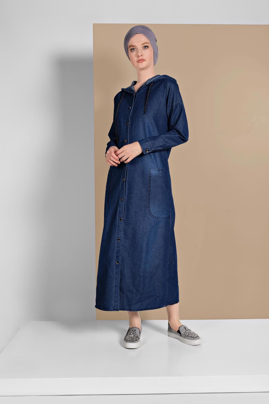Tesettür giyim LACİVERT KAPÜŞONLU CEPLİ TRENÇKOT 032