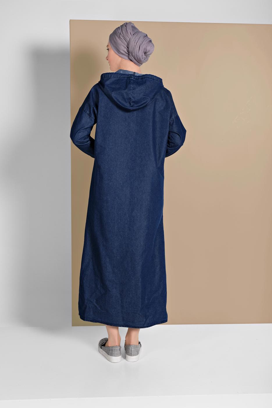 Tesettür giyim LACİVERT KAPÜŞONLU CEPLİ TRENÇKOT 032
