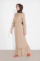 Tesettür giyim BEJ BOYDAN DÜĞMELİ KUŞAKLI ELBİSE 0301