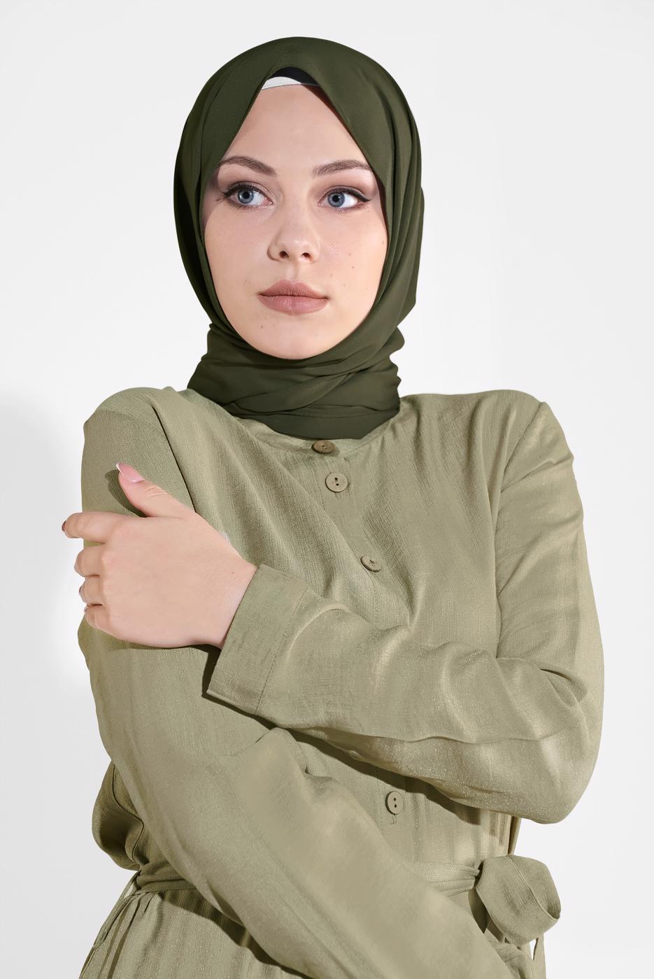 Tesettür giyim HAKİ BOYDAN DÜĞMELİ KUŞAKLI ELBİSE 0301