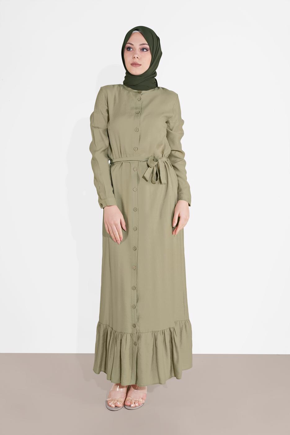 Tesettür giyim HAKİ BOYDAN DÜĞMELİ KUŞAKLI ELBİSE 0301