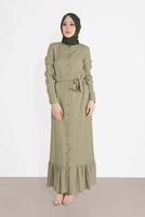 Tesettür giyim HAKİ BOYDAN DÜĞMELİ KUŞAKLI ELBİSE 0301