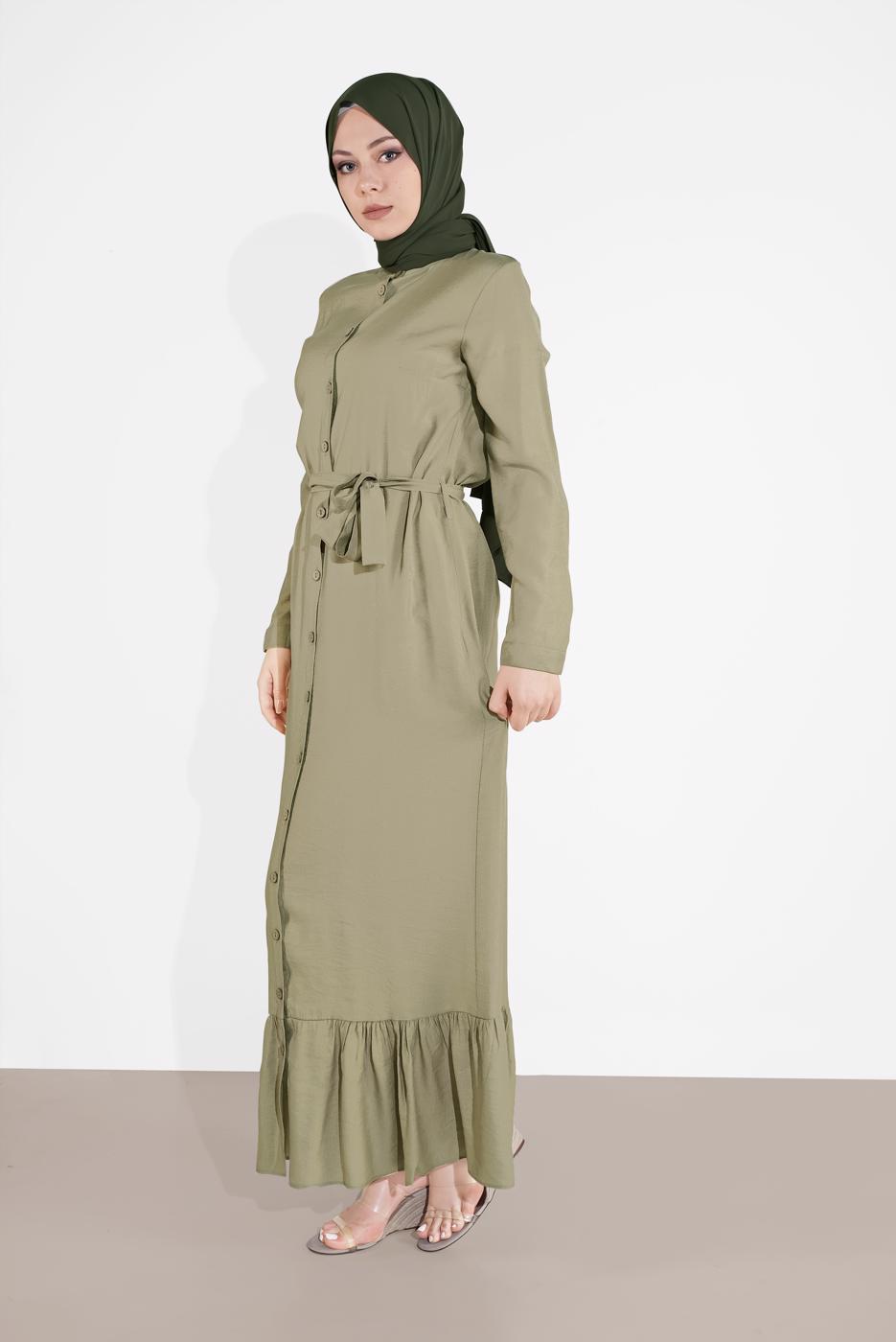 Tesettür giyim HAKİ BOYDAN DÜĞMELİ KUŞAKLI ELBİSE 0301