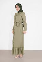 Tesettür giyim HAKİ BOYDAN DÜĞMELİ KUŞAKLI ELBİSE 0301