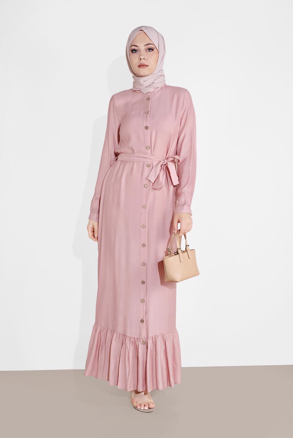 Tesettür giyim PUDRA BOYDAN DÜĞMELİ KUŞAKLI ELBİSE 0301