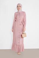 Tesettür giyim PUDRA BOYDAN DÜĞMELİ KUŞAKLI ELBİSE 0301