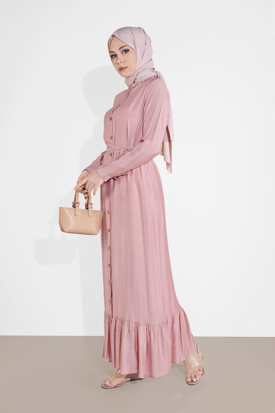 Tesettür giyim PUDRA BOYDAN DÜĞMELİ KUŞAKLI ELBİSE 0301