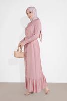 Tesettür giyim PUDRA BOYDAN DÜĞMELİ KUŞAKLI ELBİSE 0301