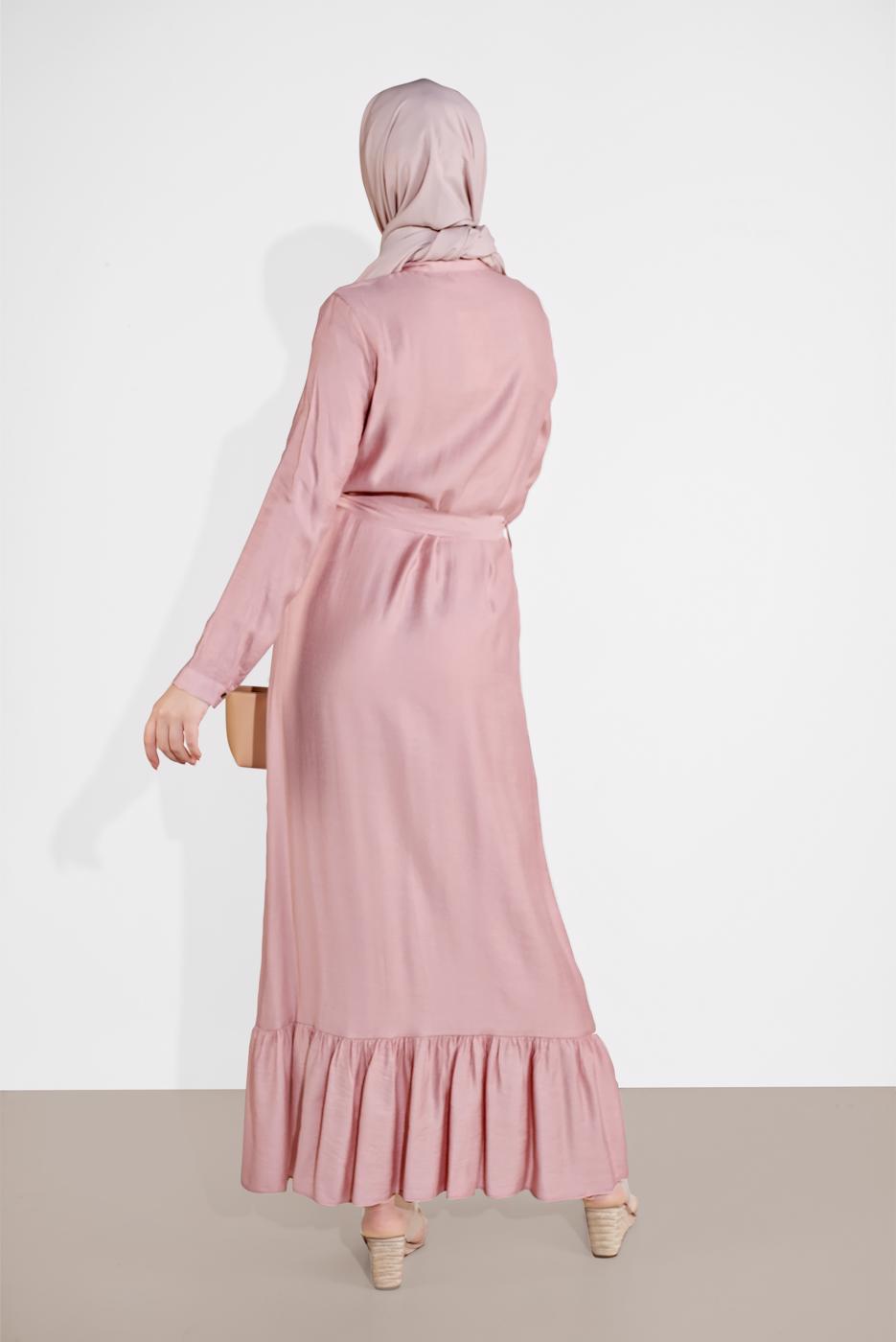 Tesettür giyim PUDRA BOYDAN DÜĞMELİ KUŞAKLI ELBİSE 0301