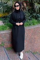 Tesettür giyim SİYAH  BELİ KUŞAKLI KAPÜŞONLU ELBİSE 506