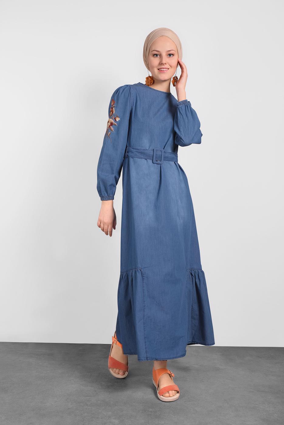 Hijab clothing NAVY BLUE EMBROIDERED DENIM DRESS 575 