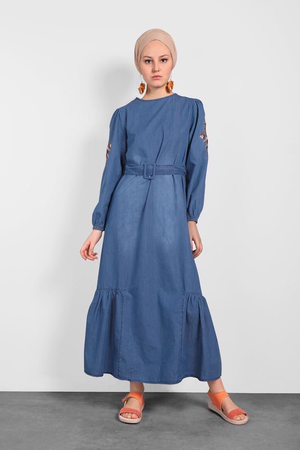 Hijab clothing NAVY BLUE EMBROIDERED DENIM DRESS 575  - TRENDTESETTÜR