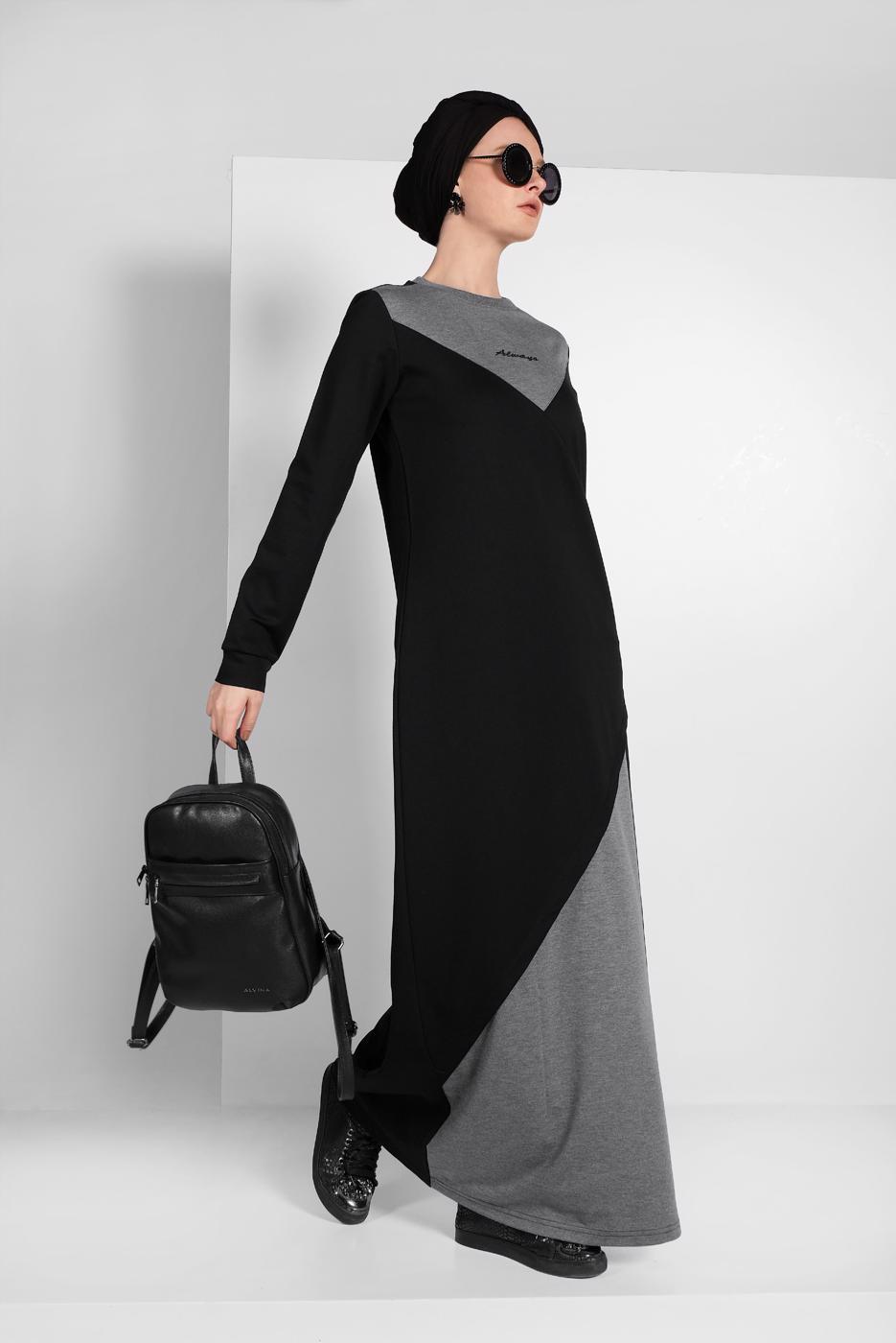 Tesettür giyim SİYAH ÇİZGİ DETAYLI SPOR ELBİSE 0619