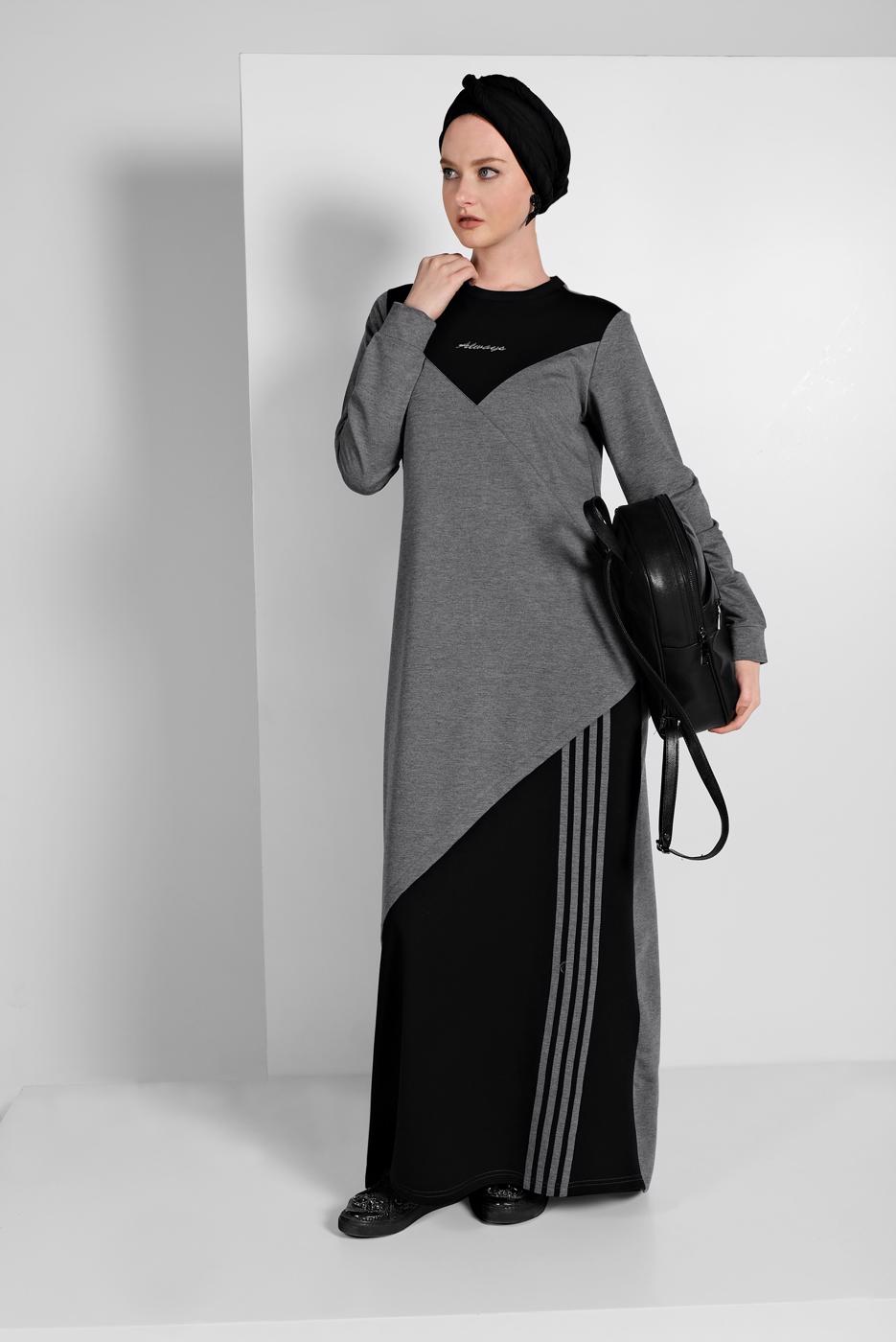 Tesettür giyim GRİ ÇİZGİ DETAYLI SPOR ELBİSE 0619
