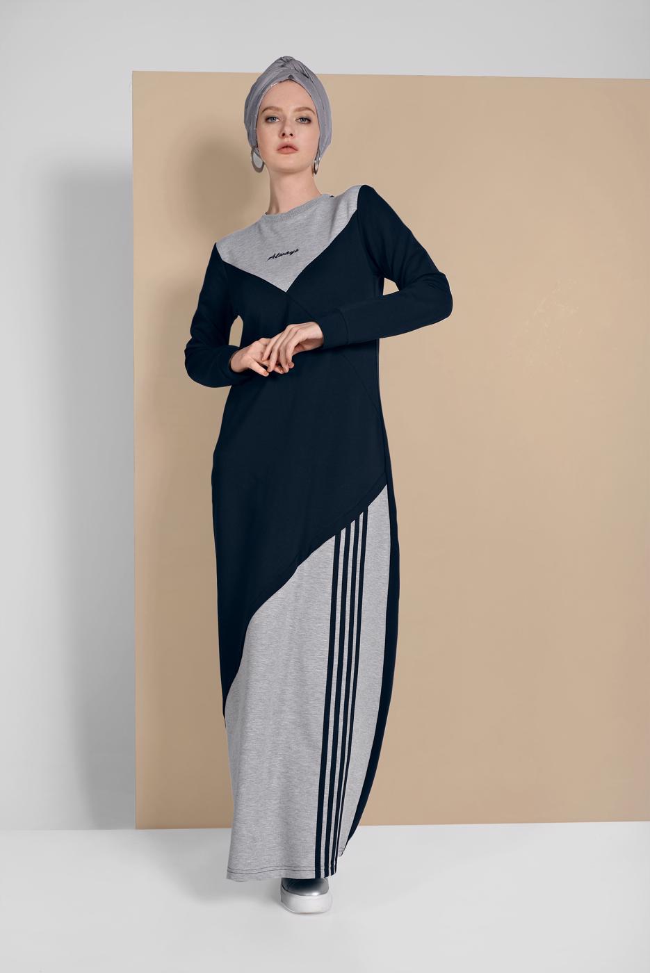 Tesettür giyim LACİVERT ÇİZGİ DETAYLI SPOR ELBİSE 0619