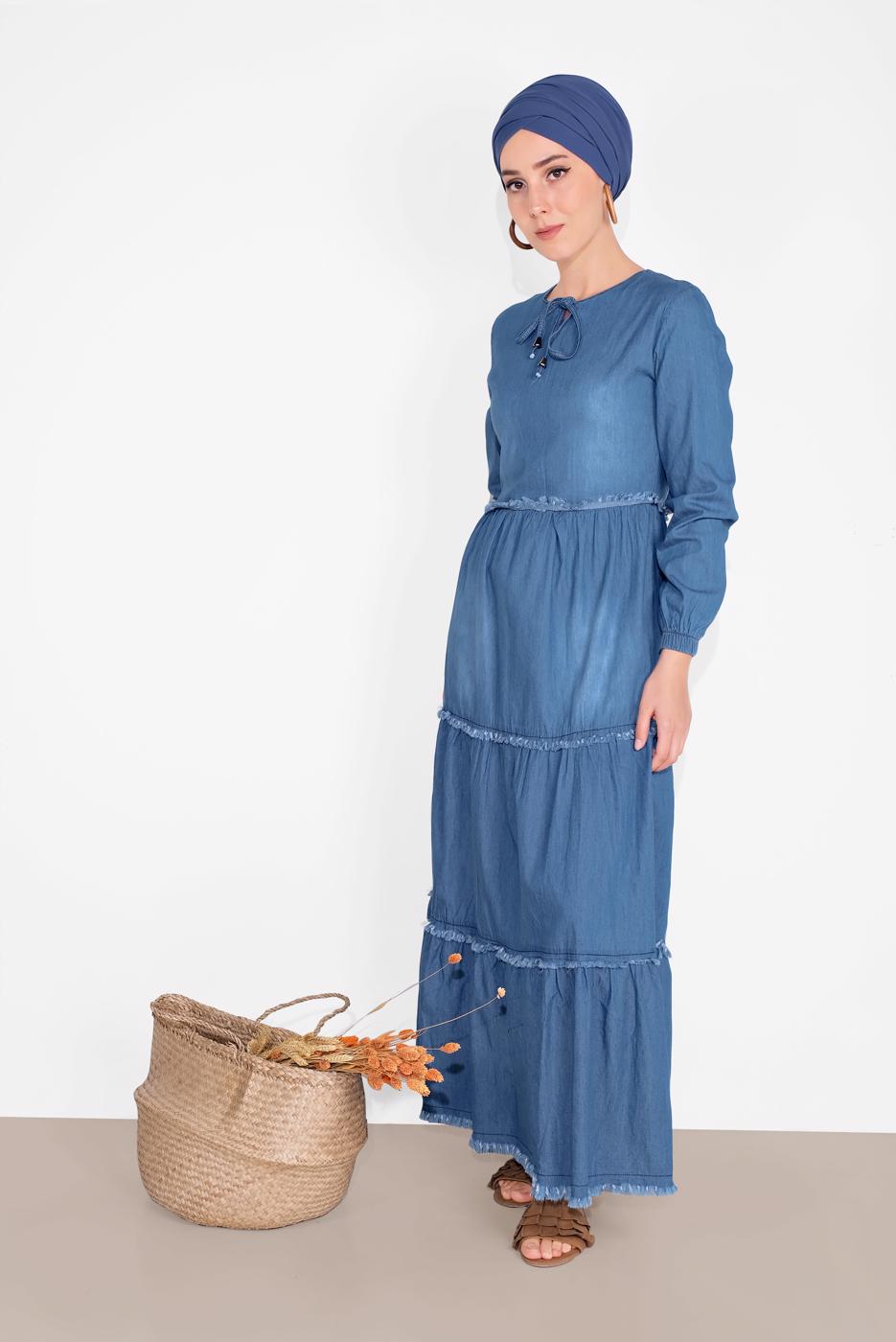 Tesettür giyim LACİVERT YAKASI BAĞCIKLI DENİM ELBİSE  714 