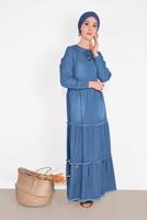 Tesettür giyim LACİVERT YAKASI BAĞCIKLI DENİM ELBİSE  714 