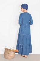 Tesettür giyim LACİVERT YAKASI BAĞCIKLI DENİM ELBİSE  714 