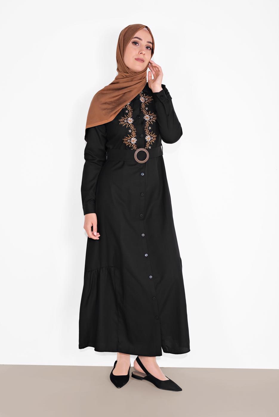 Tesettür giyim SİYAH NAKIŞ İŞLEMELİ ELBİSE 736