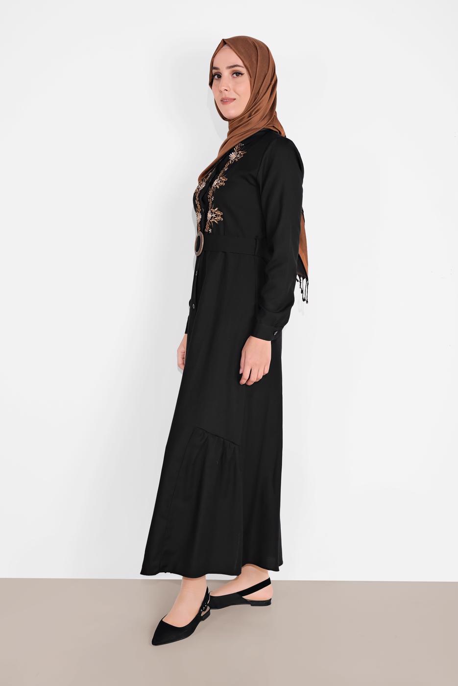 Tesettür giyim SİYAH NAKIŞ İŞLEMELİ ELBİSE 736