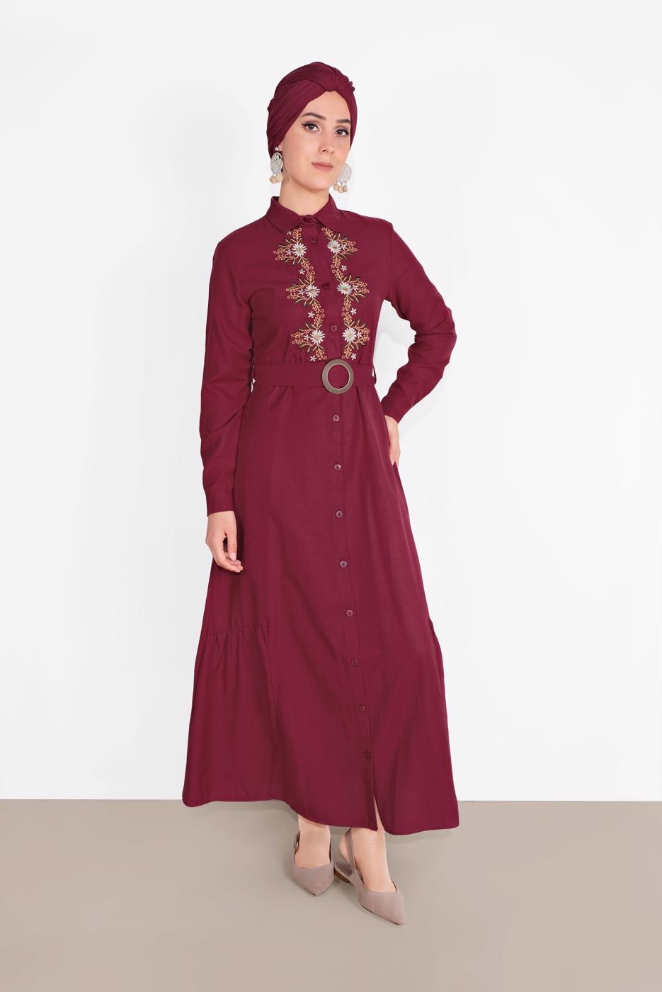 Tesettür giyim BORDO NAKIŞ İŞLEMELİ ELBİSE 736