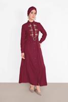 Tesettür giyim BORDO NAKIŞ İŞLEMELİ ELBİSE 736