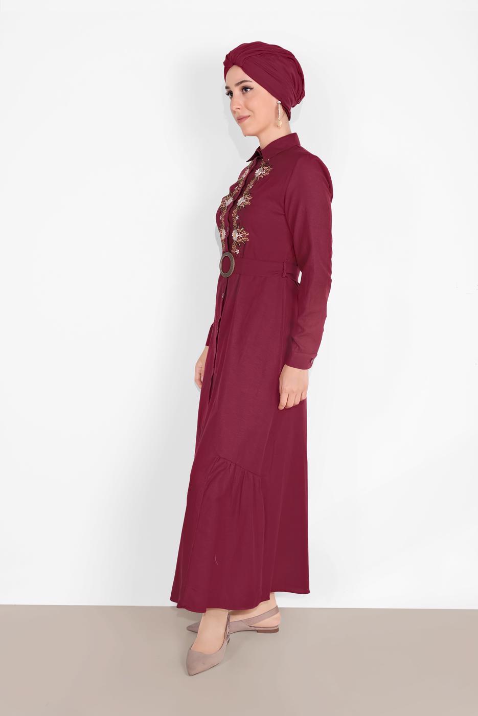 Tesettür giyim BORDO NAKIŞ İŞLEMELİ ELBİSE 736