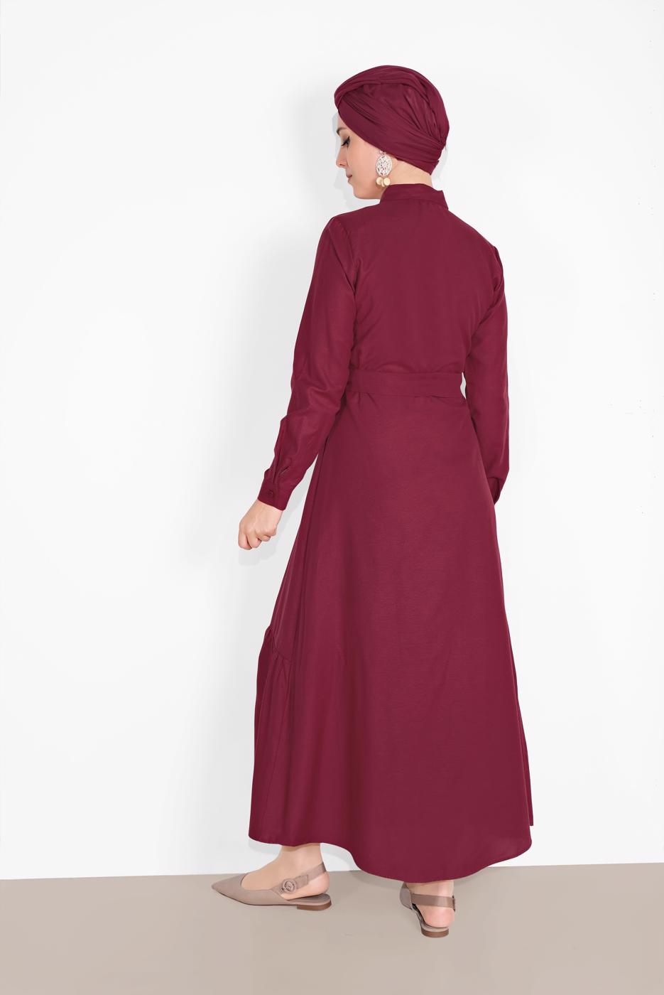 Tesettür giyim BORDO NAKIŞ İŞLEMELİ ELBİSE 736