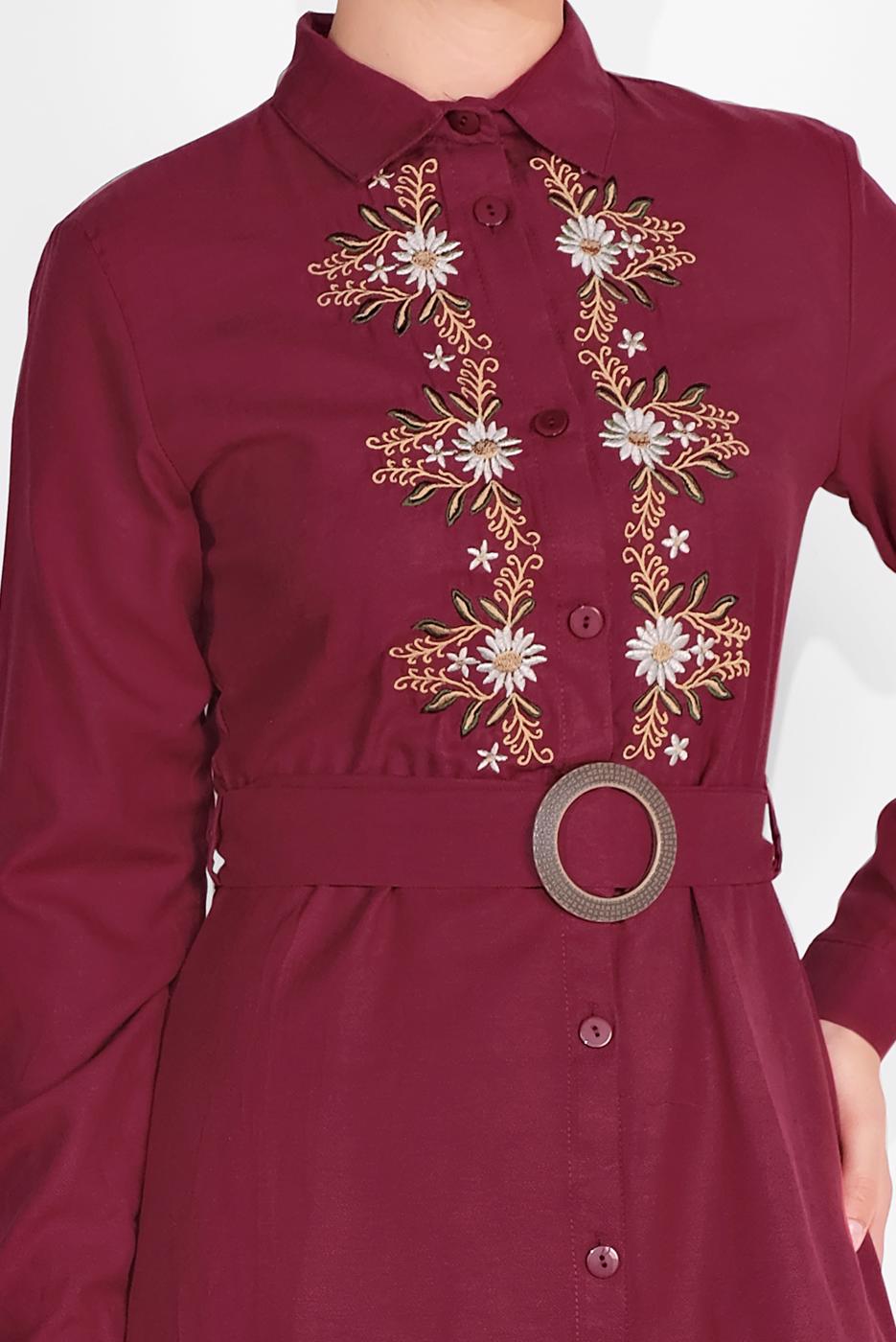 Tesettür giyim BORDO NAKIŞ İŞLEMELİ ELBİSE 736