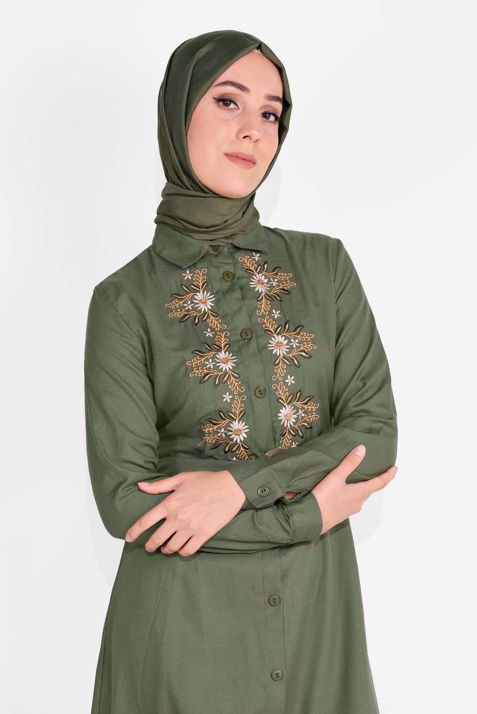 Tesettür giyim HAKİ NAKIŞ İŞLEMELİ ELBİSE 736