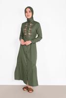 Tesettür giyim HAKİ NAKIŞ İŞLEMELİ ELBİSE 736