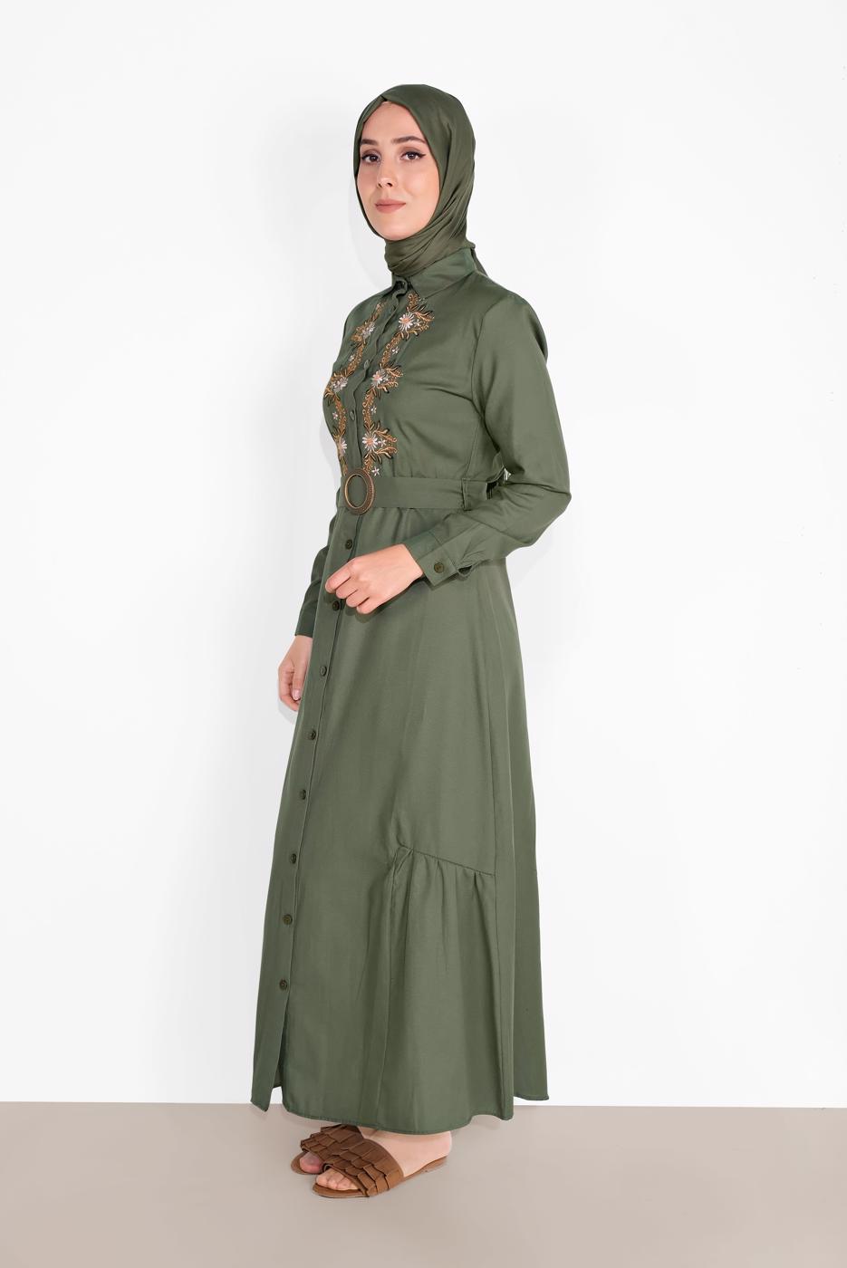 Tesettür giyim HAKİ NAKIŞ İŞLEMELİ ELBİSE 736