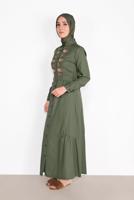 Tesettür giyim HAKİ NAKIŞ İŞLEMELİ ELBİSE 736
