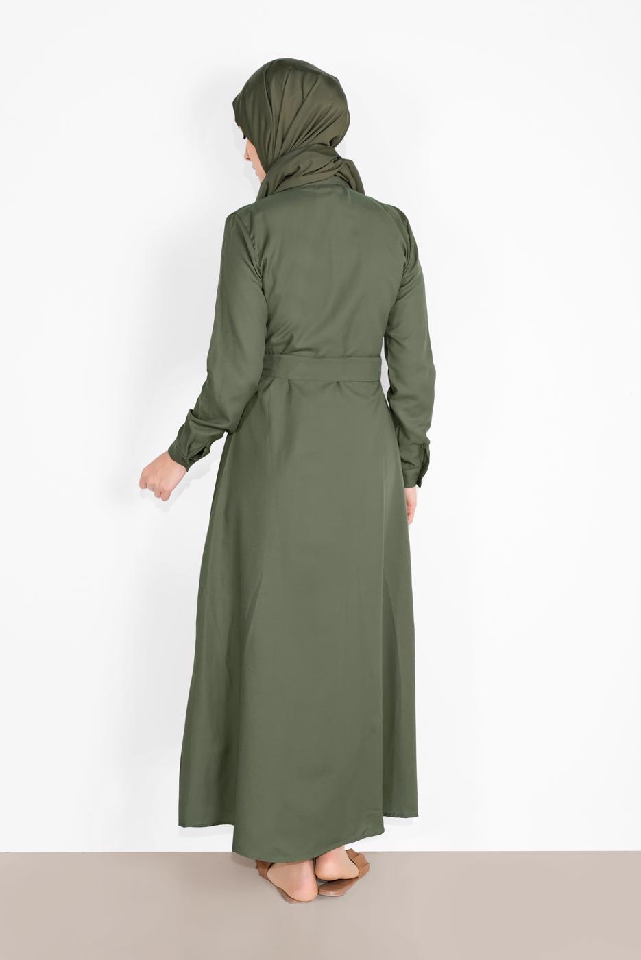 Tesettür giyim HAKİ NAKIŞ İŞLEMELİ ELBİSE 736