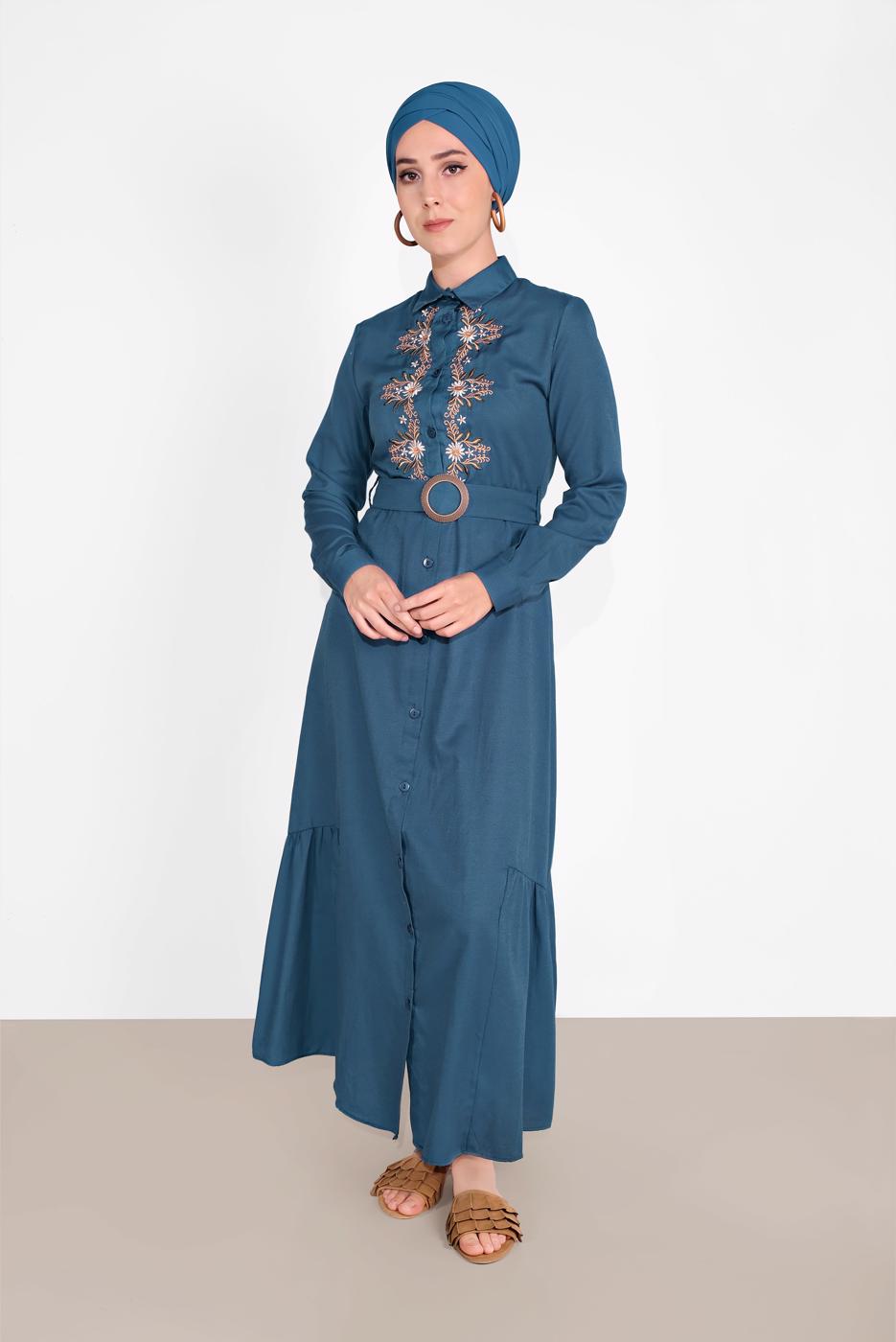 Tesettür giyim MAVİ NAKIŞ İŞLEMELİ ELBİSE 736
